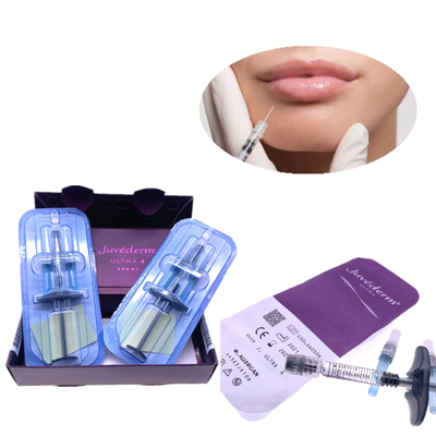 A cruz cutânea das agulhas da seringa do enchimento 2x1ml de Juvederm ligou a injeção do bordo do gel