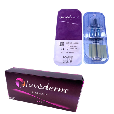 A cruz cutânea das agulhas da seringa do enchimento 2x1ml de Juvederm ligou a injeção do bordo do gel